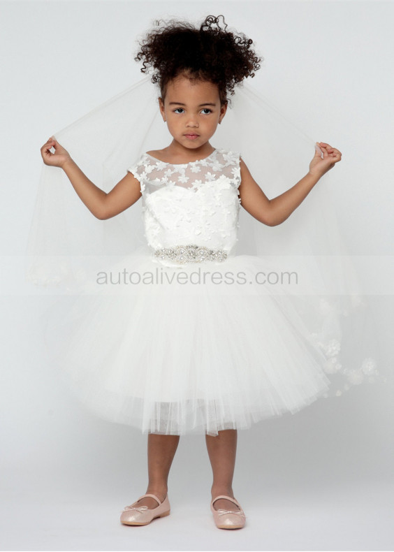 Ivory Lace Tulle V Back Tea Length Flower Girl Dress